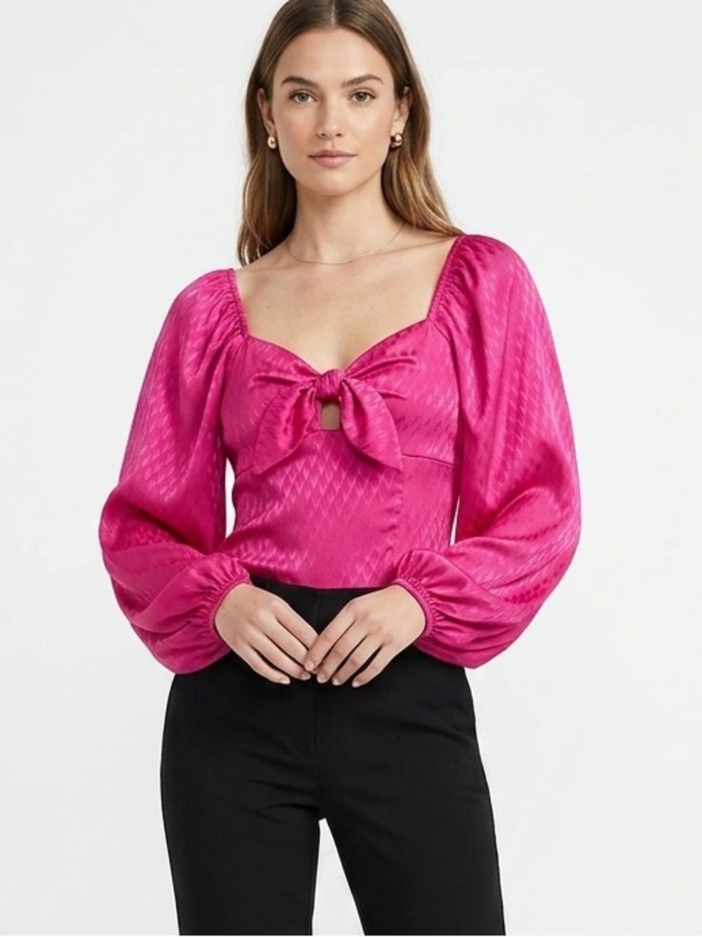 Express Hot Pink Puff Sleeve Bow Front Bodysuit Size XS Date Trendy Vibrant Chic